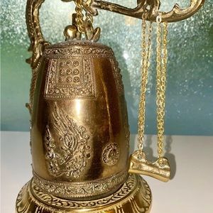 Antique Japanese Brass Dinner Gong Bell W/Dragon Stand & Hammer 11 3/4 H x